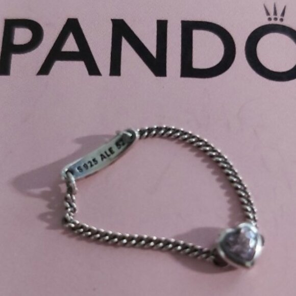 Pandora *Retired* SS Spirited Heart Chain Ring w/Pink Heart 197191PCZ-52- size 6 - Picture 11 of 12